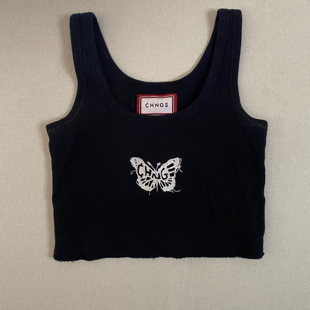 CHNGE Black Organic Cotton Waffle Knit Butterfly Graphic Crop Tank Top Small